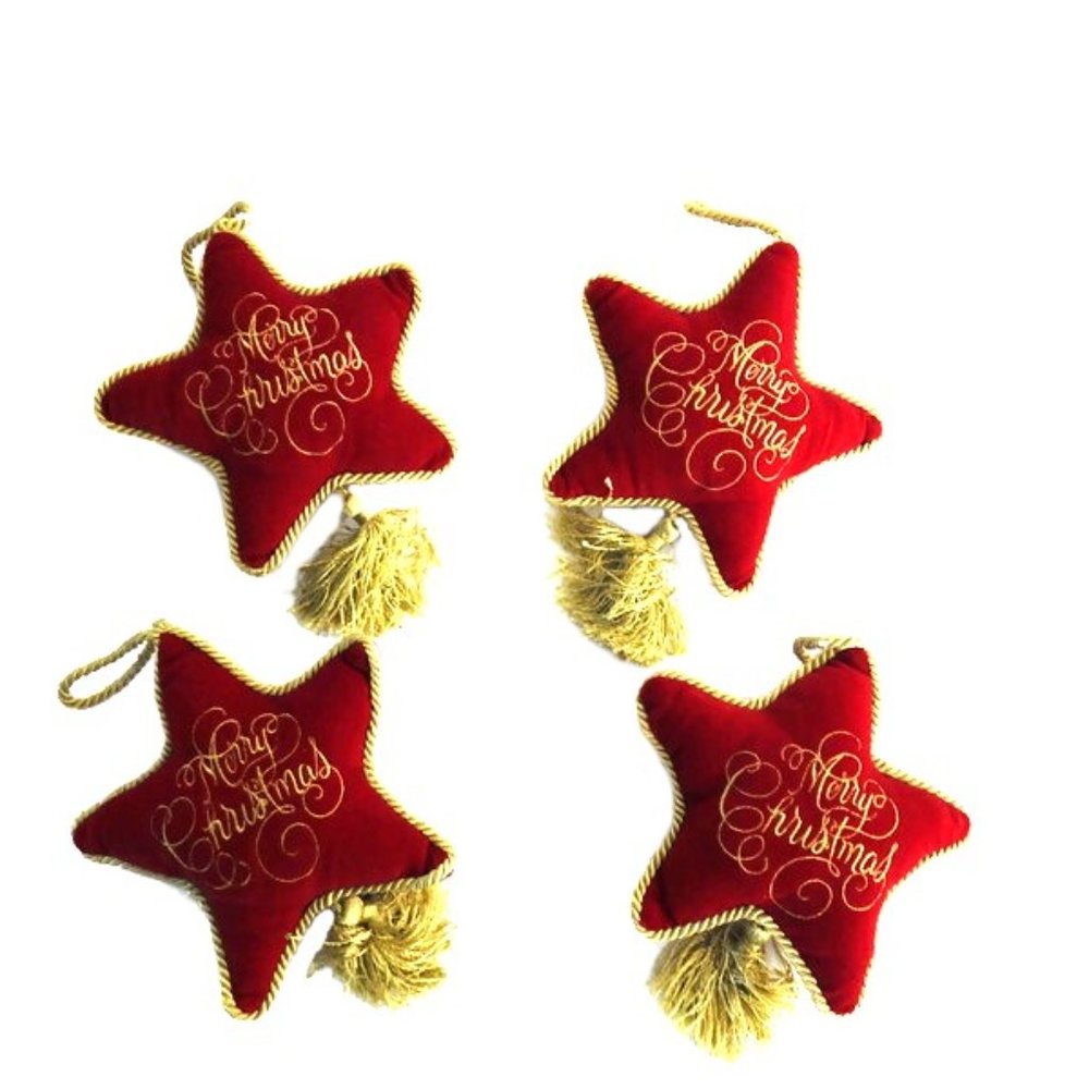 Red Velvet Embroidered Pillow Star Shaped Ornaments Set of 4 Merry Christmas